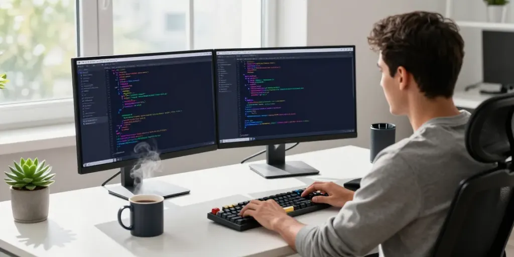 Software developer using Notepad++ with dual monitors in a bright office