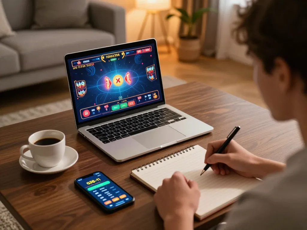 Engaging with g28-t1 online casino using a laptop and mobile app in a cozy home setting