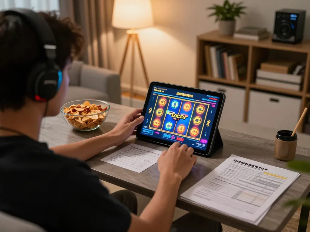 Engaging gaming session using slot gacor interface on tablet in a cozy home setting