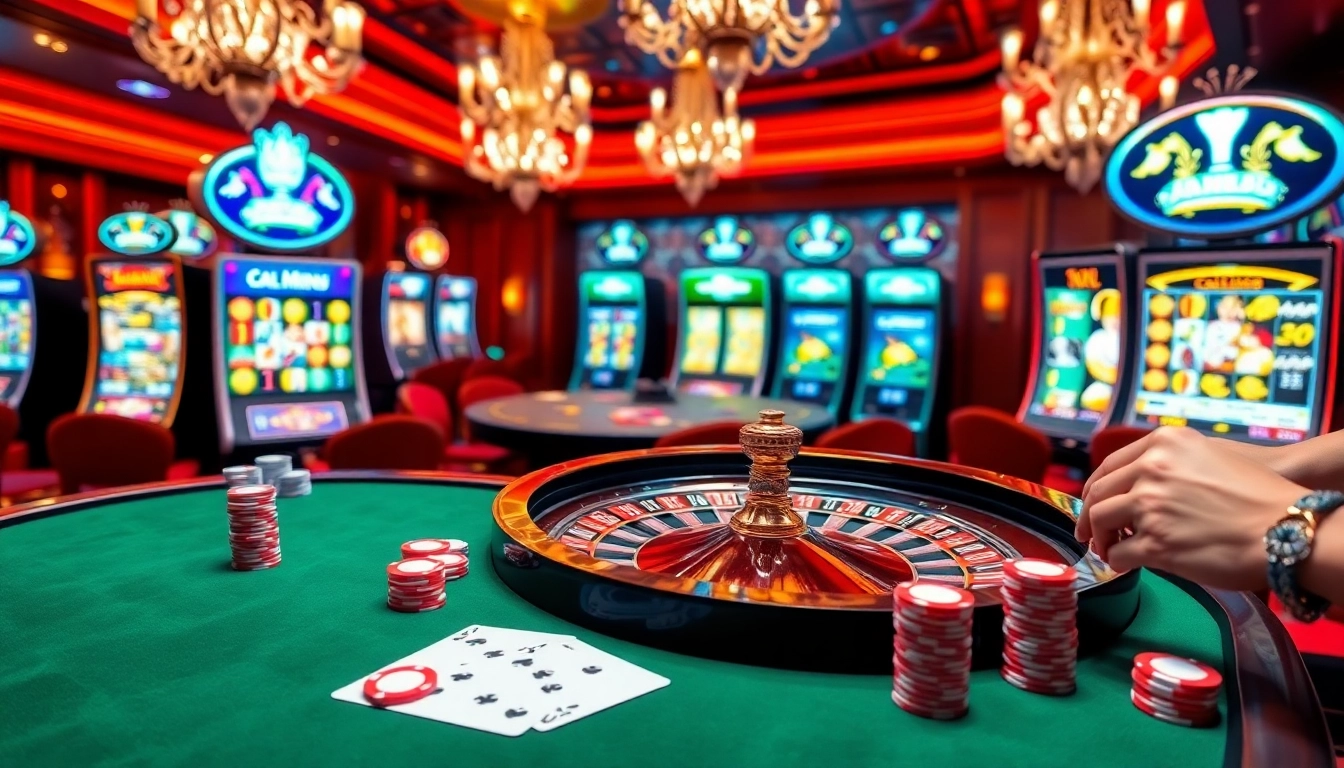 Scène de casino en ligne excitante avec roulette, cartes et machines à sous vibrantes.