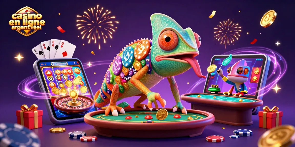 Profitez des jeux de casino en ligne argent réel avec un caméléon coloré et des éléments de jeu d'argent.