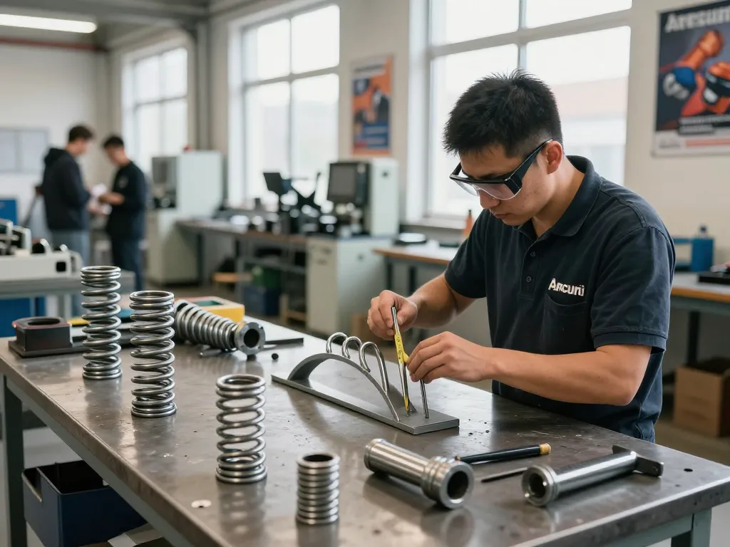 Tehnician care creează arcuri de tracțiune într-un atelier industrial luminos.