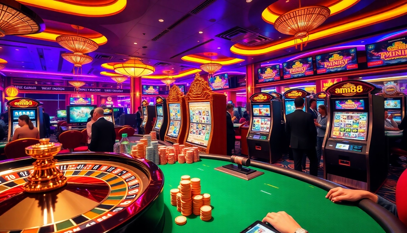 Engaged gamblers at mm88 casino with colorful roulette wheel and stacked poker chips.