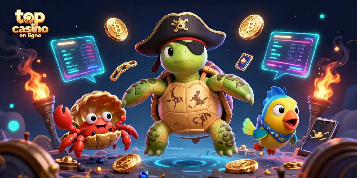 Les animaux marins illustrent le meilleur casino en ligne avec des pièces de crypto et des éléments ludiques.