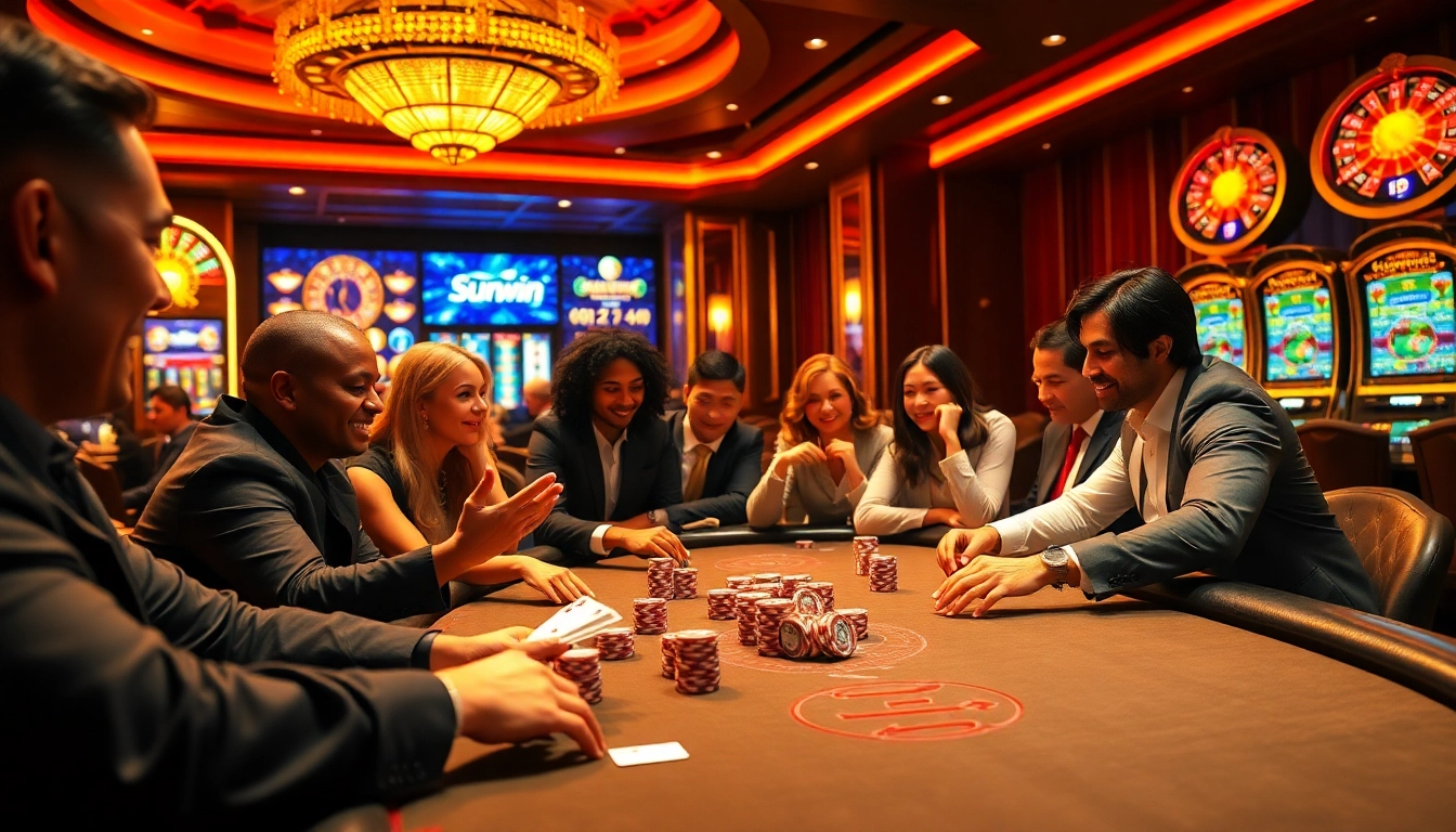 Players strategizing with poker chips and cards at a high-stakes sunwin poker table in a vibrant casino.