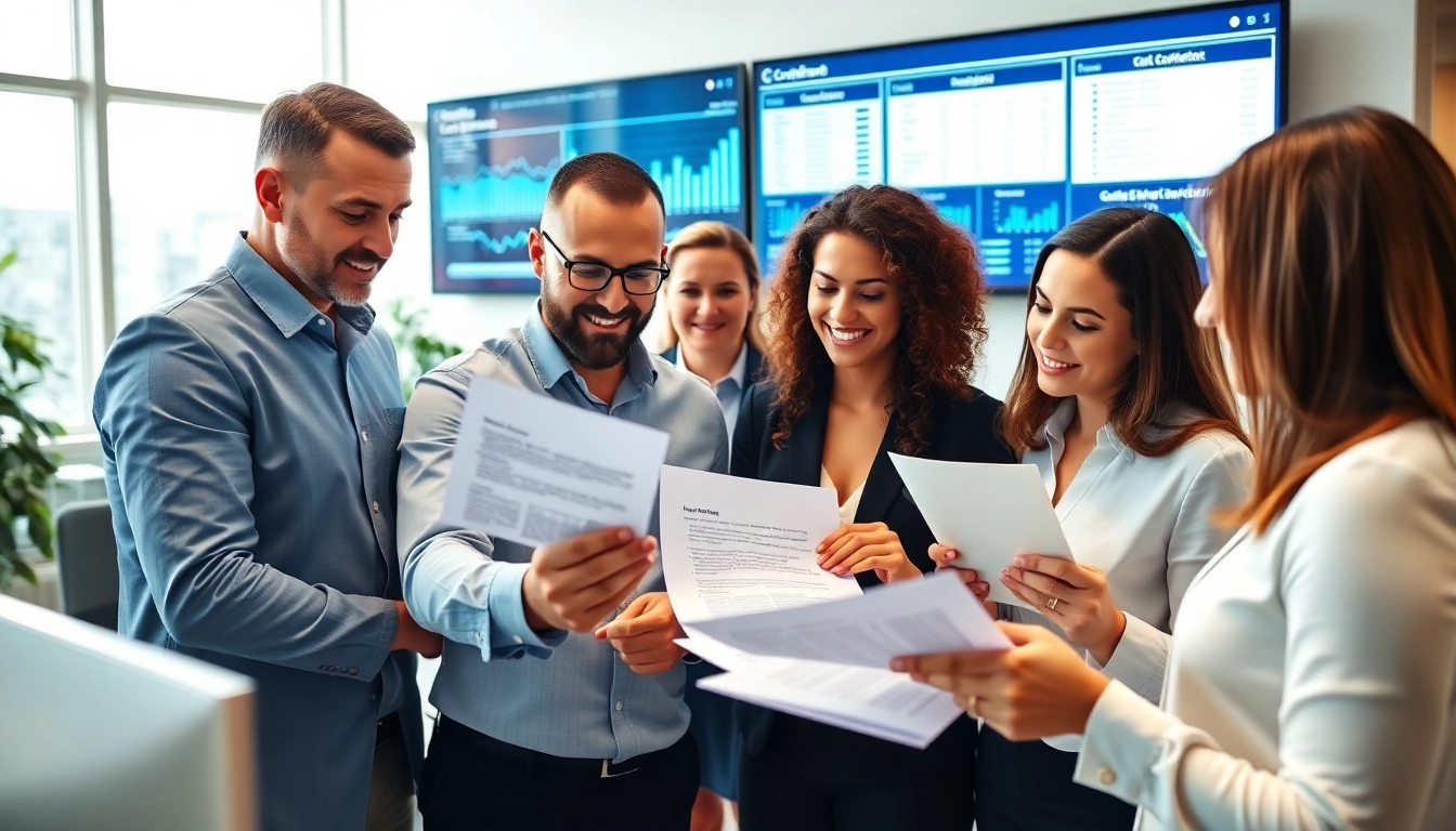 Assessing Pre and post award compliance documents in a modern office environment with a focused team.