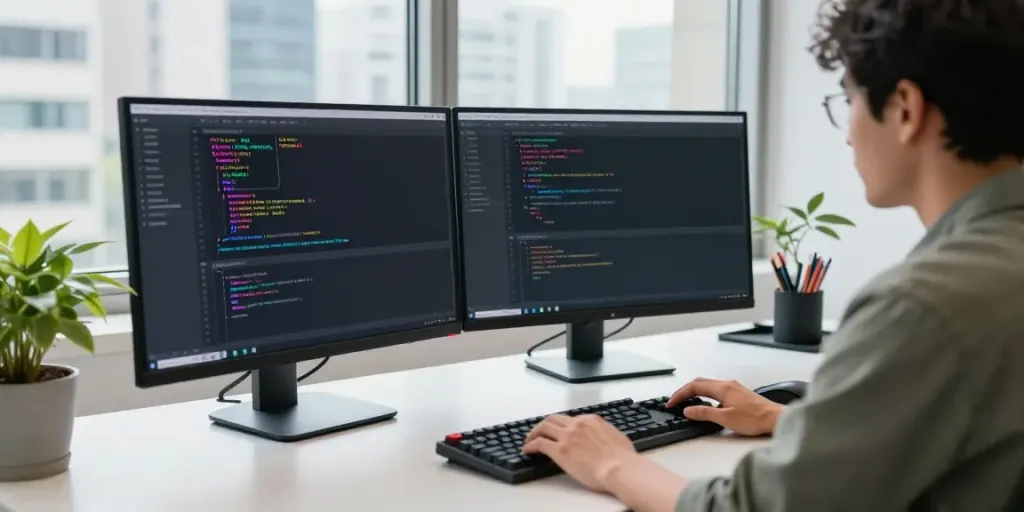 Focused developer editing code with Notepad++ in a modern office workspace at https://notepad-app.co/.