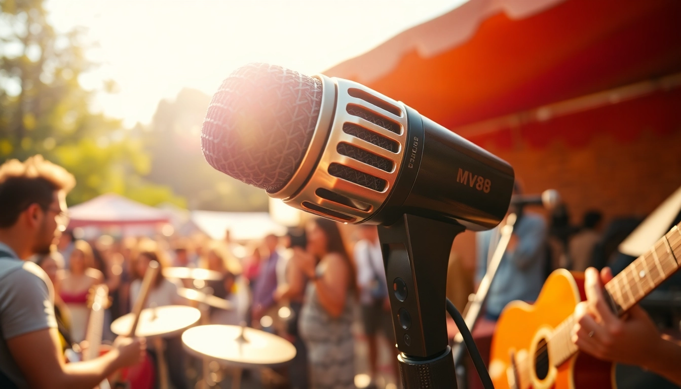 MV88 microphone showcased during a vibrant outdoor music performance.