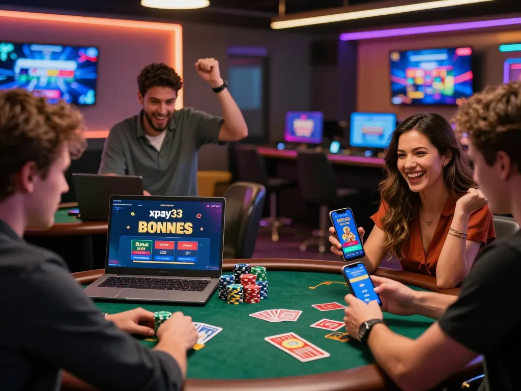 Xpay33 bonuses showcased in a lively online casino scene with players celebrating and gaming.