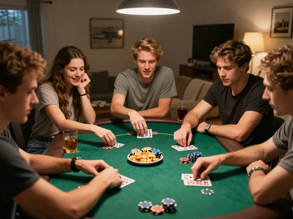 Friends engaging in a poker game at home, showcasing camaraderie and strategy, highlighting https://keotructuyen.com.mx/ gaming insights.
