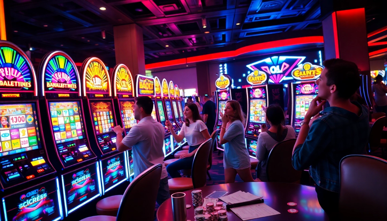 Gamblers engaging with vibrant SLOT machines in a lively casino atmosphere, showcasing excitement and thrill.