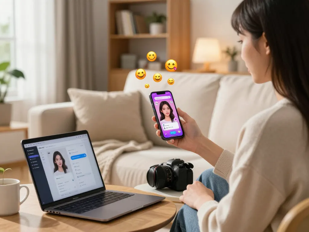 Engaging moment with a girlfriend AI chat interface on a smartphone, showcasing digital companionship in a cozy home setting.
