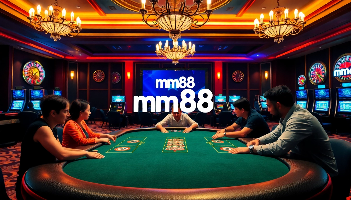 Exciting game action at mm88 casino with players at a poker table amidst luxurious surroundings.