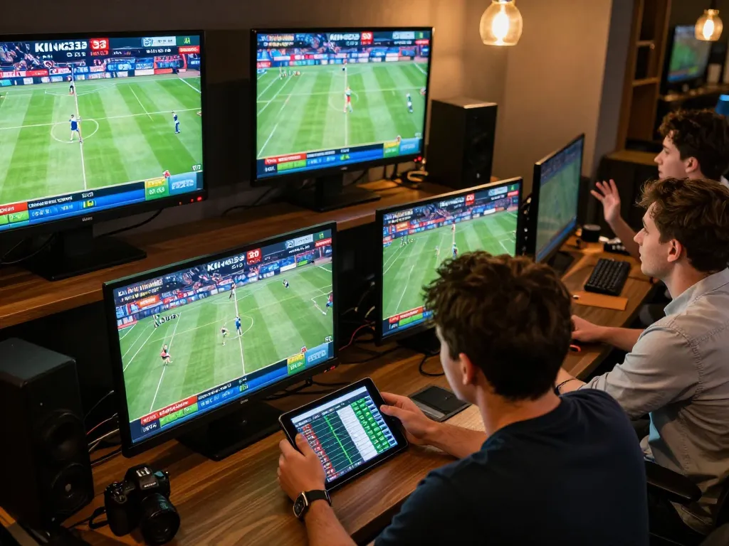 Engaging live sports betting at King33 showing players analyzing stats and placing bets.