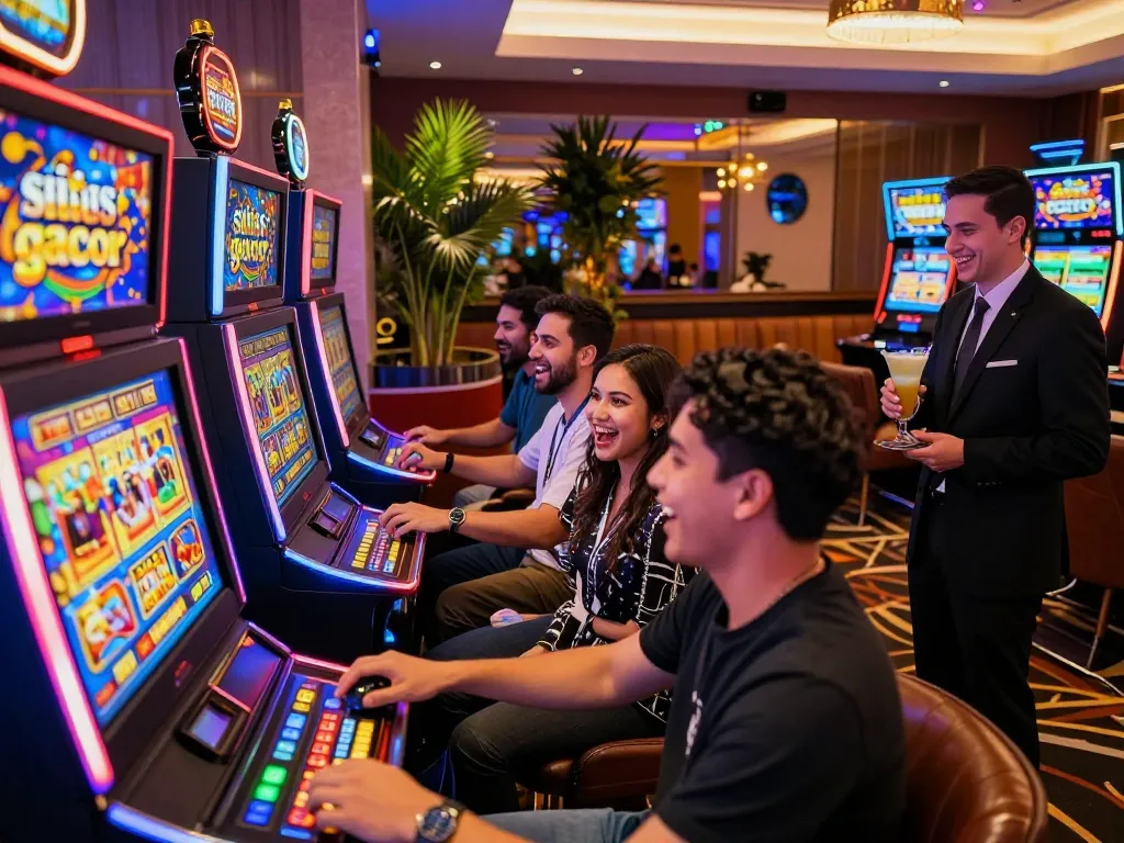 Group of friends enjoying exciting situs gacor slot games in a vibrant casino lounge atmosphere.
