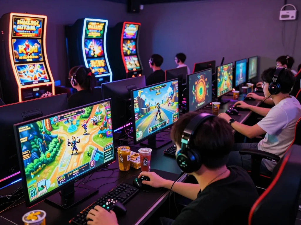 Gamers immersed in thrilling AUTOWIN88 online gaming experience with vibrant settings and competitive atmosphere.