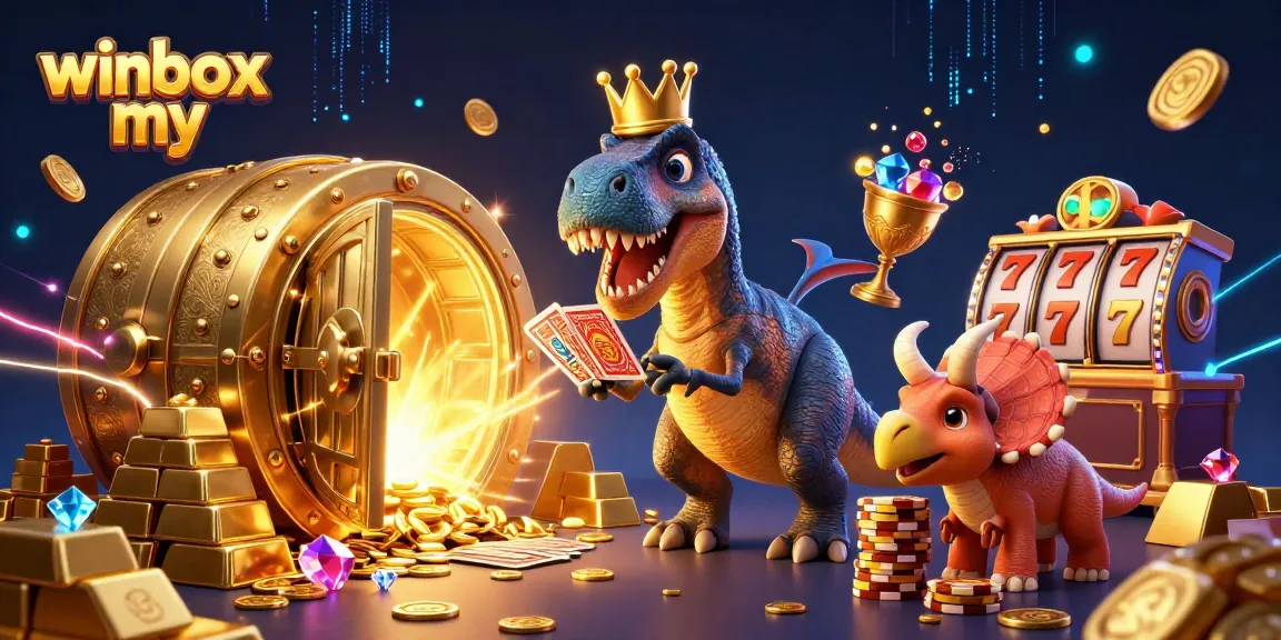 Experience thrilling gaming action with winbox my as dinosaurs engage in card games amidst treasure and excitement.
