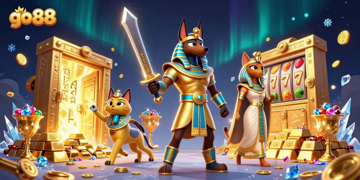 Unlock winning combinations with go 88 in a vibrant casino scene featuring Anubis and Bastet.