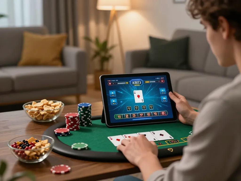 Player enjoying live blackjack on 3Win.com tablet, showcasing exciting home gaming atmosphere.