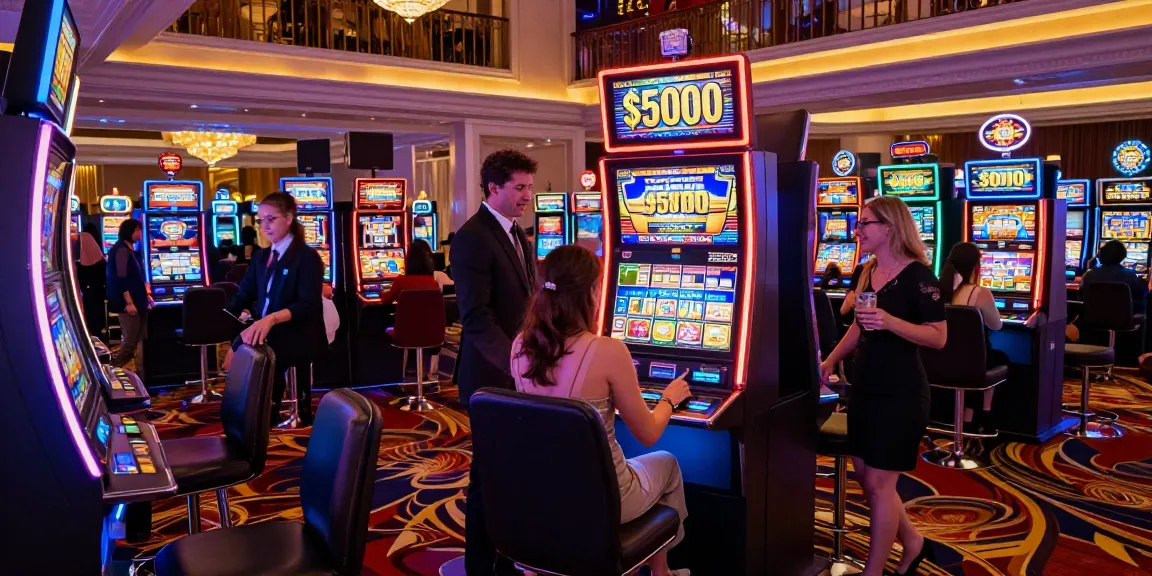 Exciting scene at a casino featuring the $5000 slot machine with guests celebrating wins under vibrant lights.