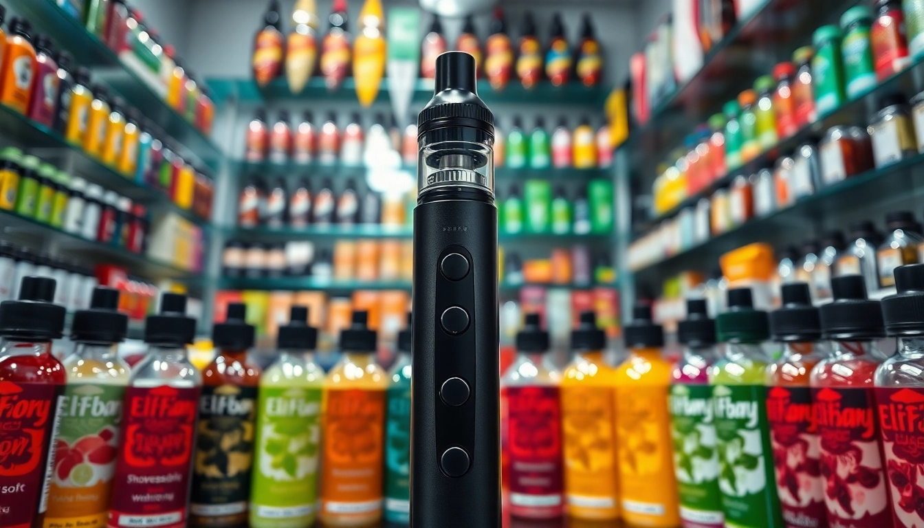Engaging presentation of elfbar among vibrant vape products in a bright shop setting.