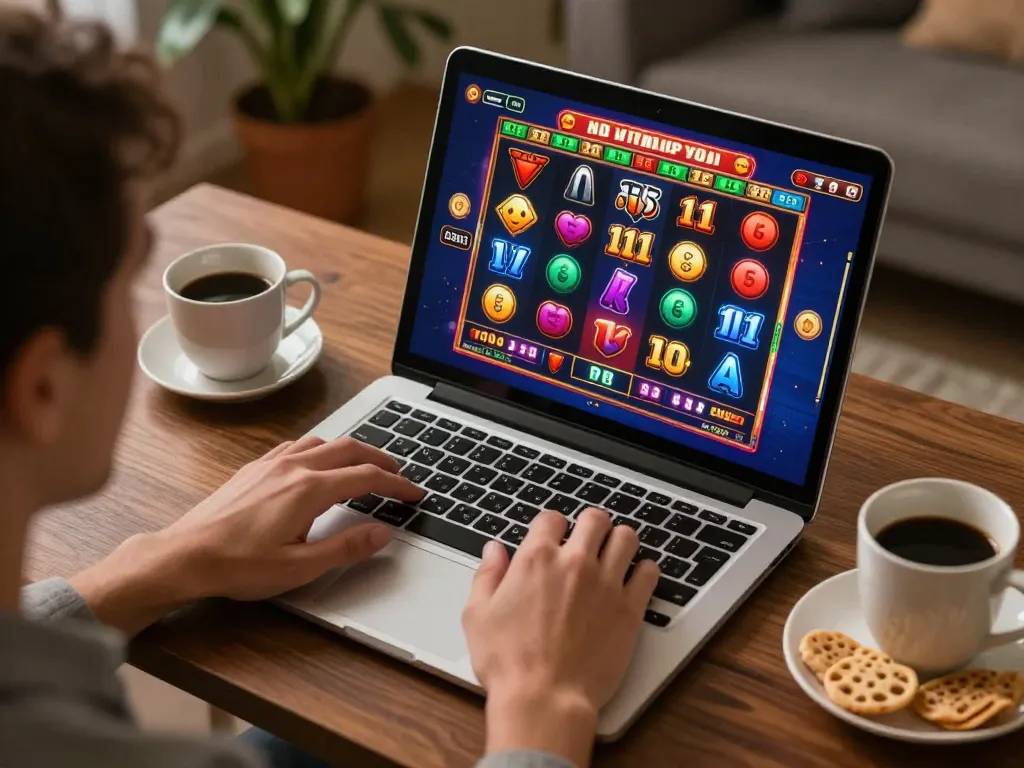 Nk88 player enjoying thrilling online slots gameplay from a cozy home environment