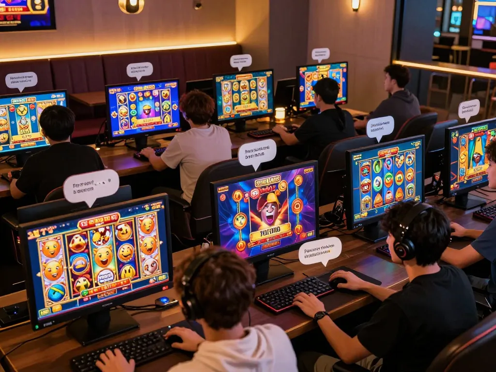 Players enjoying POPOTOGEL: Situs Toto Slot Gacor Depo 10k Via Qris & Slot777 Gampang Menang Hari Ini 2026 in a vibrant gaming lounge with colorful graphics.