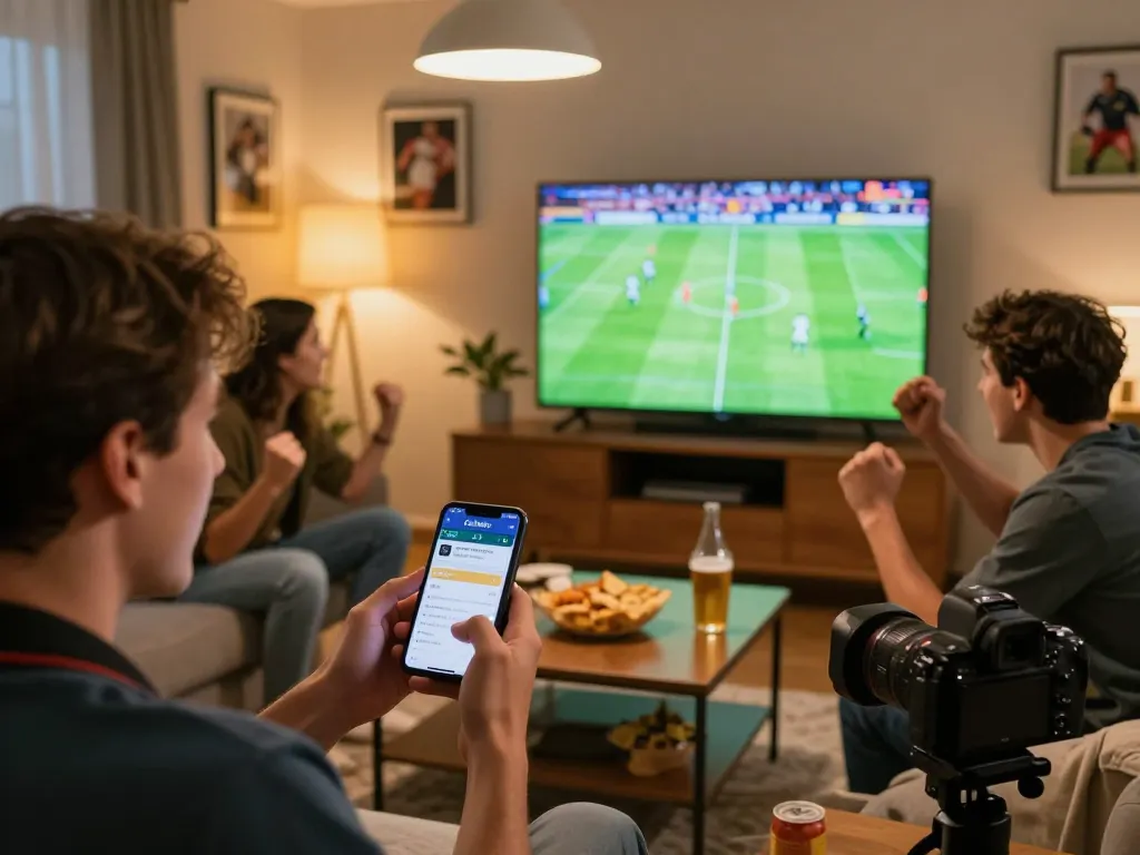 Cakhiatv app in use during a lively home sports betting night with friends, capturing the excitement.