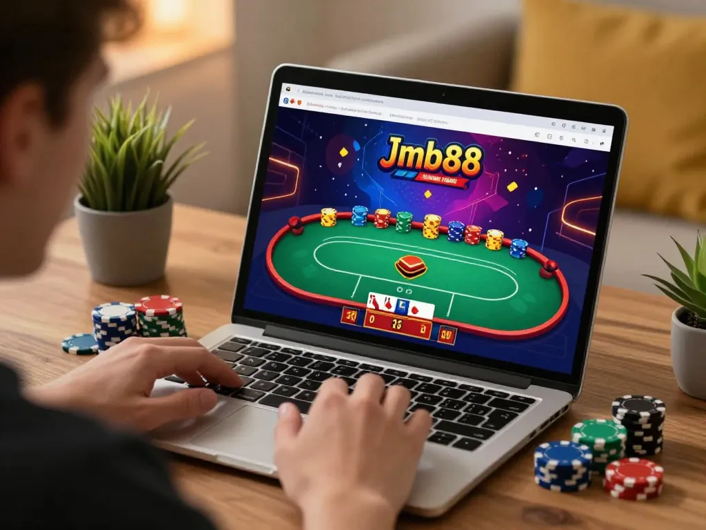Engaging jmb88 poker gameplay experience on a laptop in a cozy home setup.