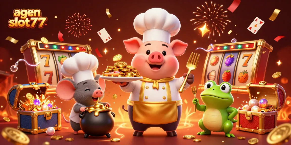 Engage with agen slot777 featuring an animated chef pig serving gold coins amidst dynamic gambling elements.