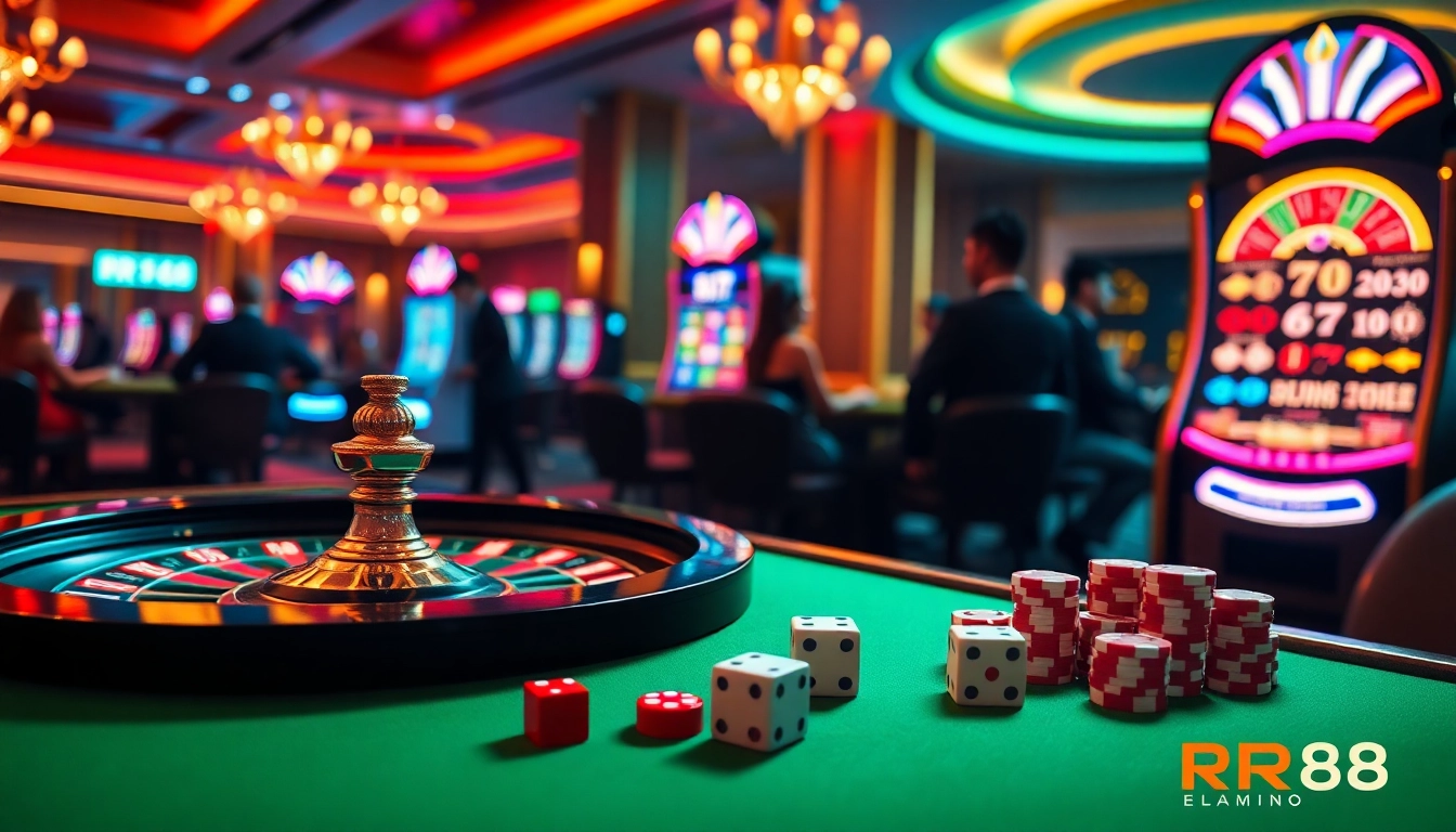 RR88 players enjoying a thrilling casino experience with poker chips and a roulette wheel.