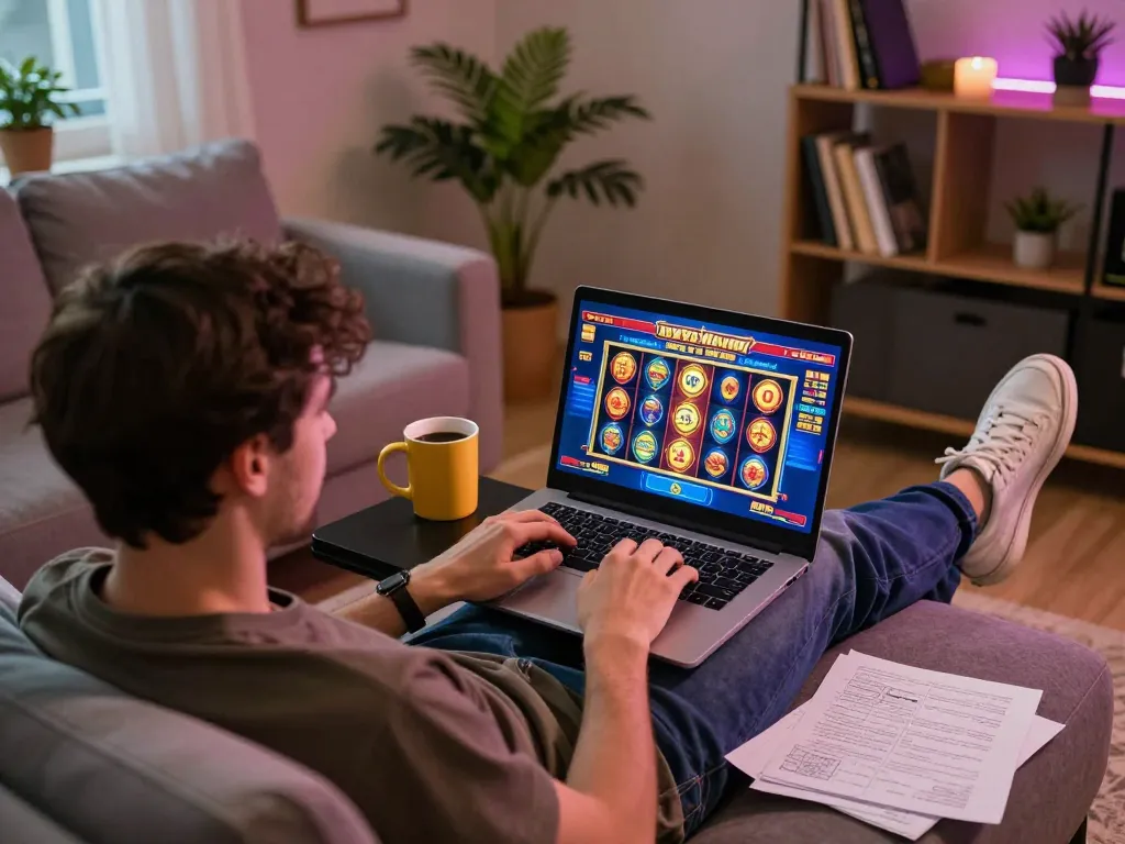 Engaging in slot demo gameplay on a laptop, showcasing a vibrant home gaming setup with strategy notes nearby.