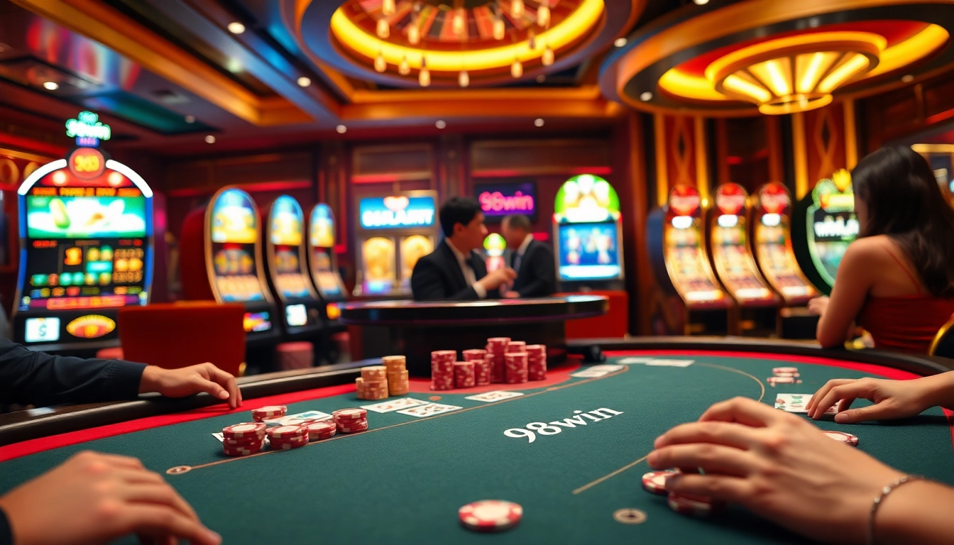 Experience the thrilling gaming action at 98win with a vibrant casino scene featuring roulette, poker, and slots.