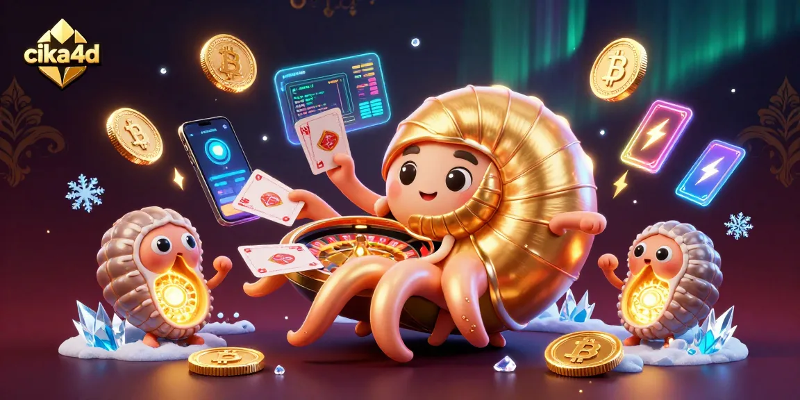 Experience the thrilling gaming world of cika4d with a giant nautilus roulette wheel and glowing crypto coins.