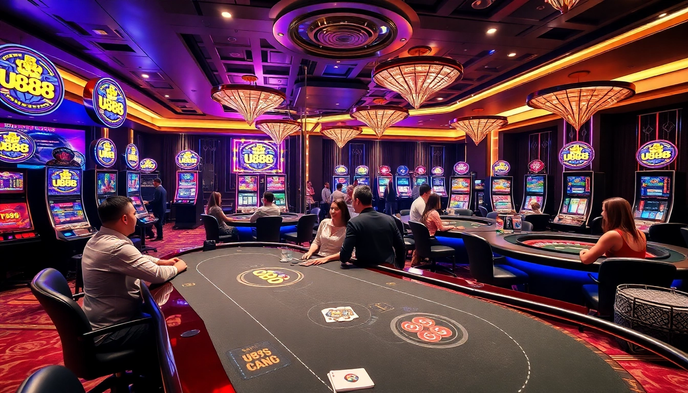 Experience the thrill of U888 with diverse players enjoying poker and slots in a vibrant, luxurious casino atmosphere.