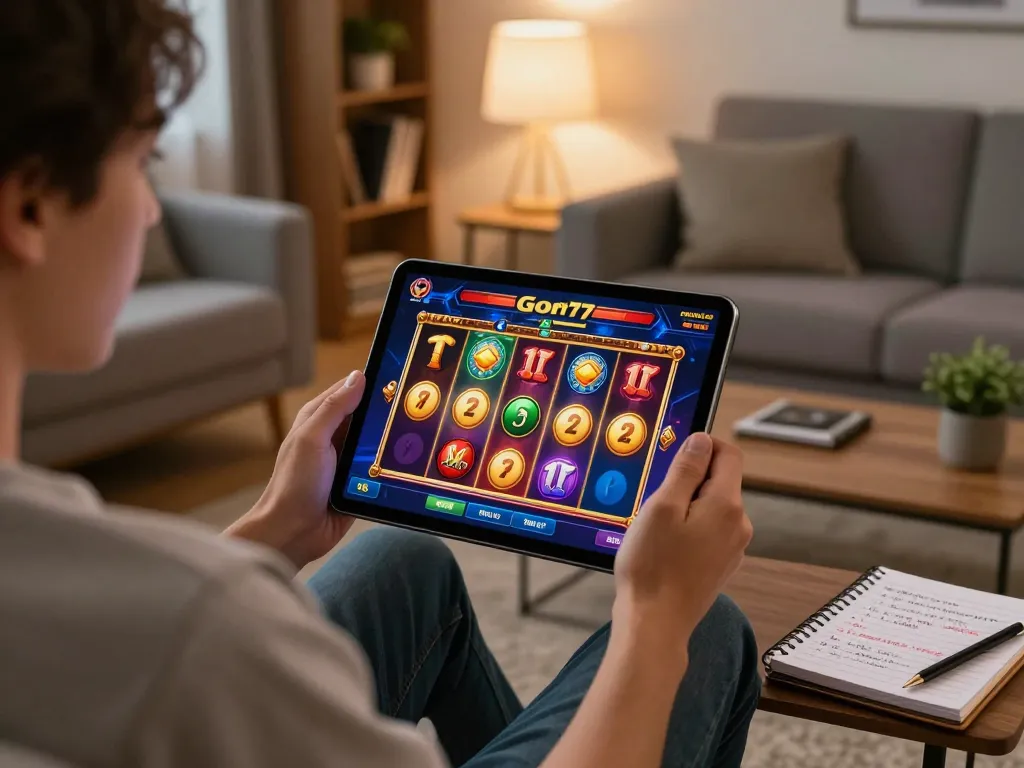 Player engaging with Gori77 slot game on tablet, showcasing excitement and strategy at home.