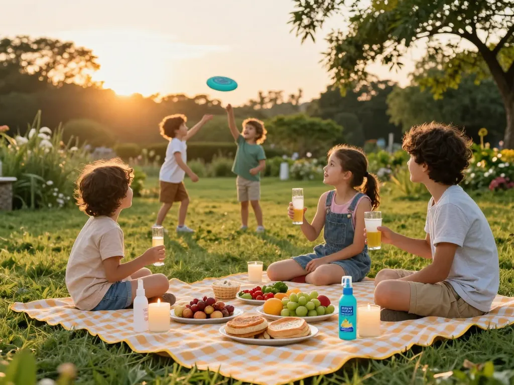 Family enjoying a picnic with Best Mosquito Repellent products in a beautiful garden setting at sunset.