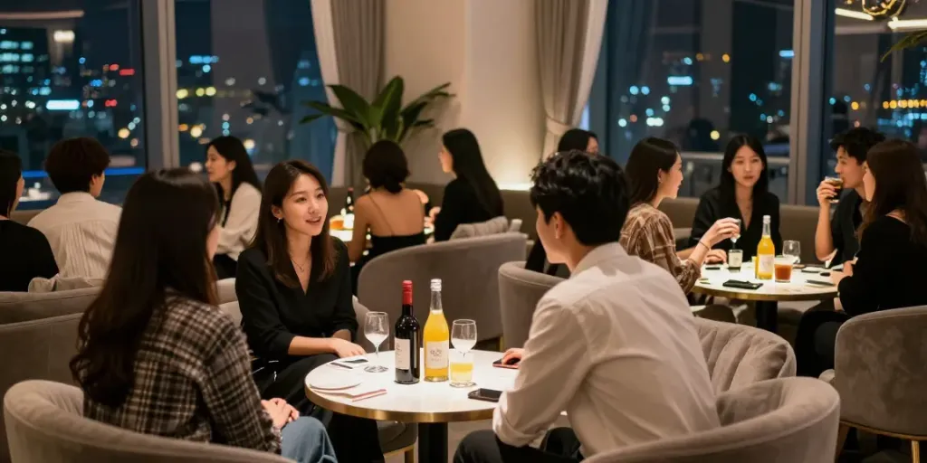 강남구구단의 고급스러운 내부와 손님들이 즐기는 모습
