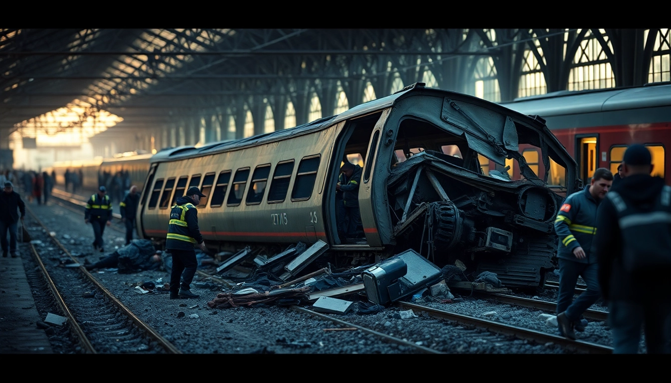 A train crash scene in Spain, showcasing emergency responders assisting victims and wreckage scattered.