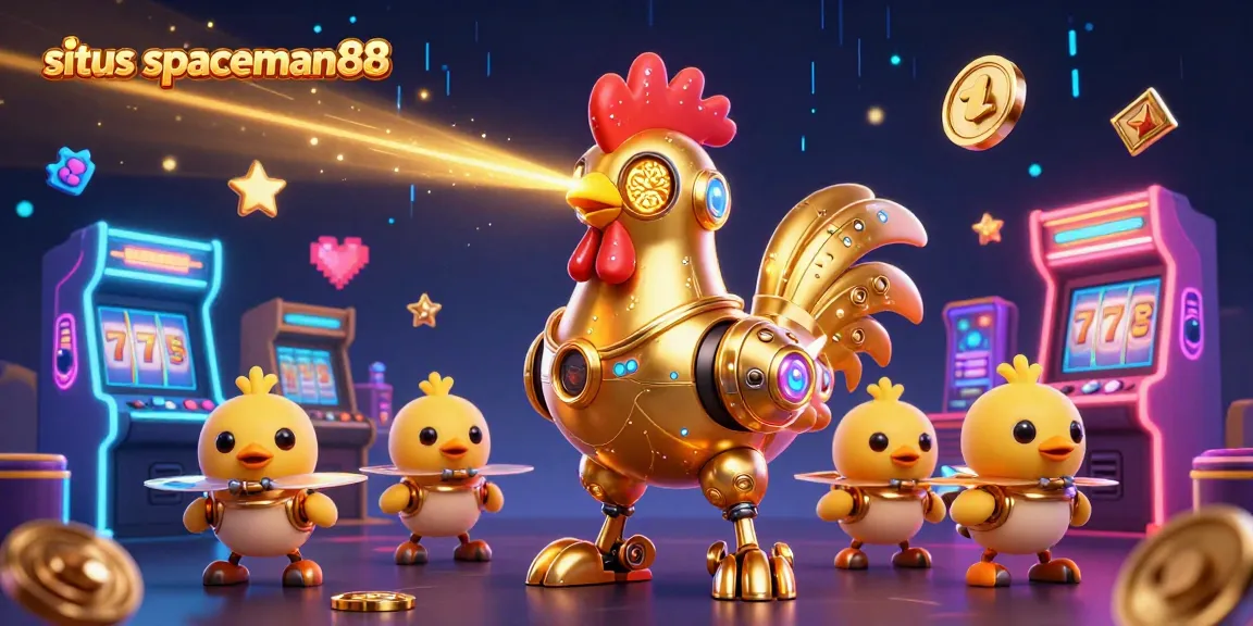 Engage with situs spaceman88's dynamic gaming scene featuring a golden rooster robot and vibrant slot machines.