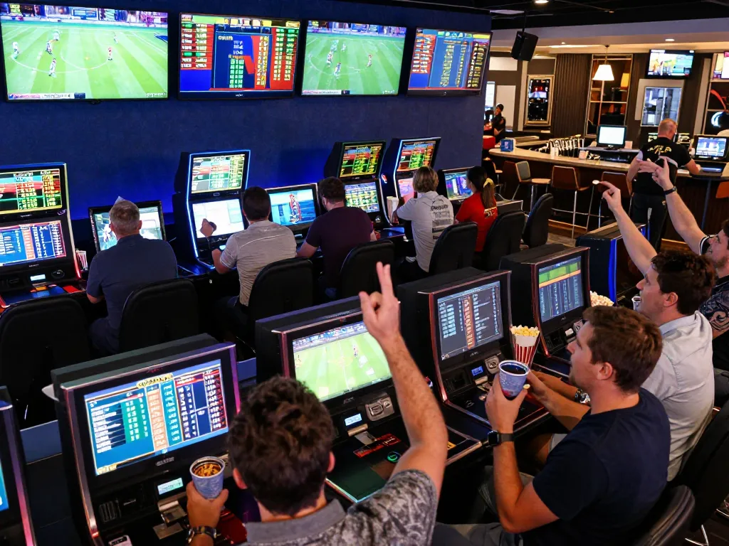 g28 bettors celebrating wins while placing bets in a lively sportsbook atmosphere