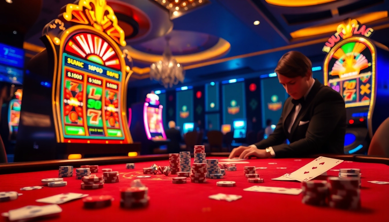 Exciting gambling scene at Hi88 with vibrant slot machine and poker table filled with chips.