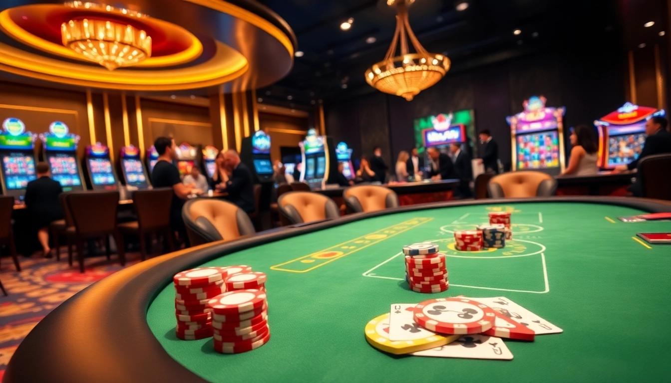 Players enjoying poker at a luxurious casino with RR88 branding.