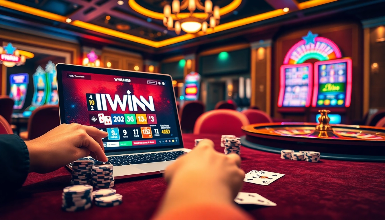 IWIN68 online gaming platform displayed on a laptop surrounded by poker chips and cards, highlighting a luxurious casino experience.