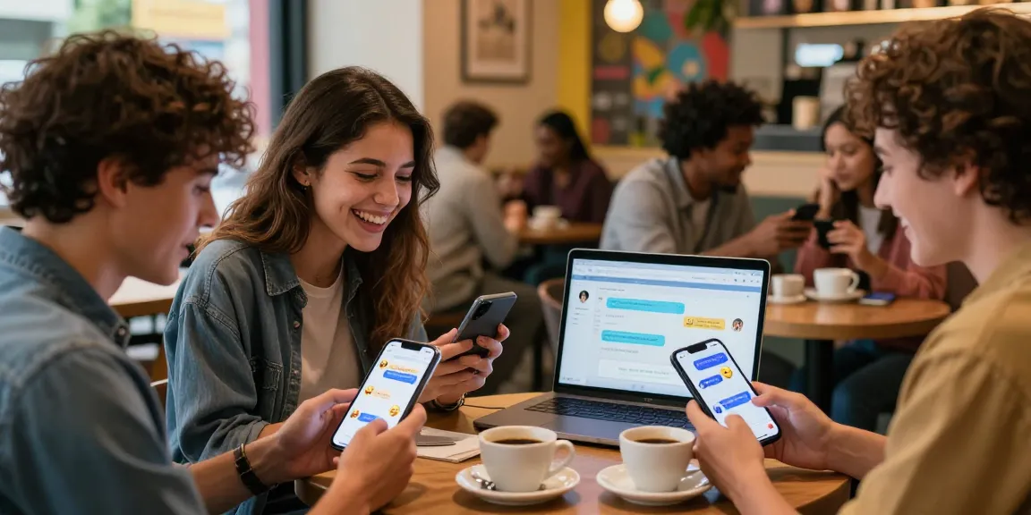 Engaging scene of users exploring an NSFW chat bot in a lively coffee shop setting.