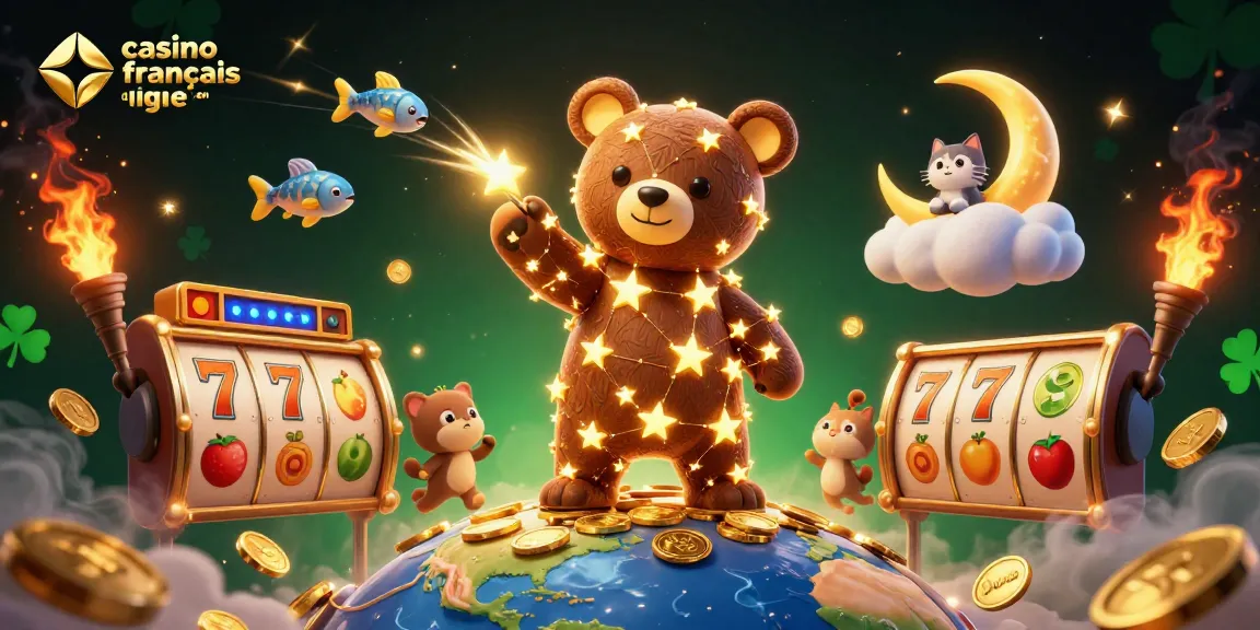 Jouez au casino français en ligne avec un ours constellation doré et des éléments de machines à sous.