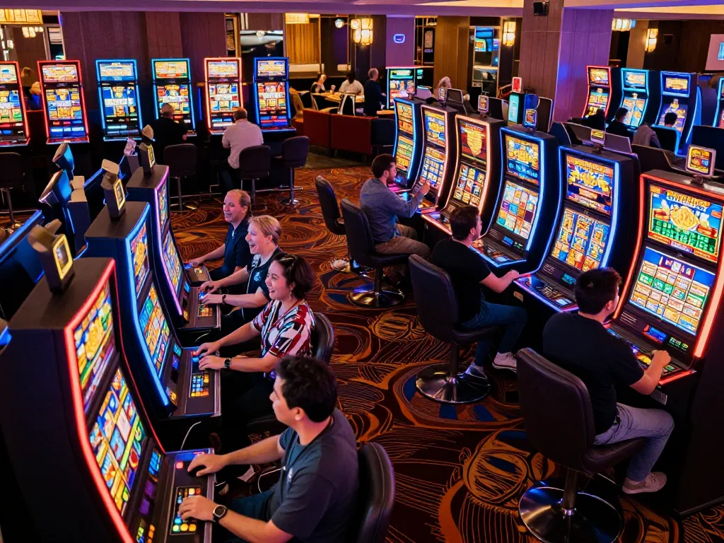 Excited players enjoying a lively situs slot gacor experience at a casino floor