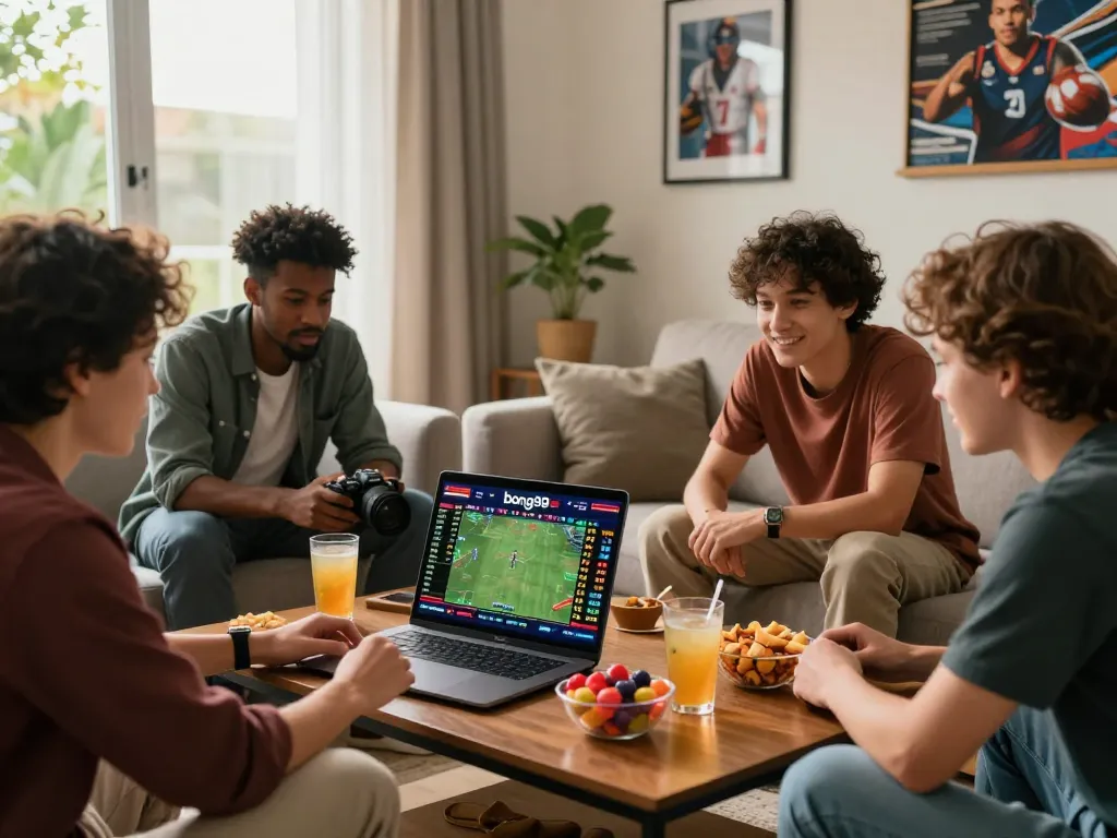 Group of friends enjoying live sports betting on bong99 in a vibrant living room.