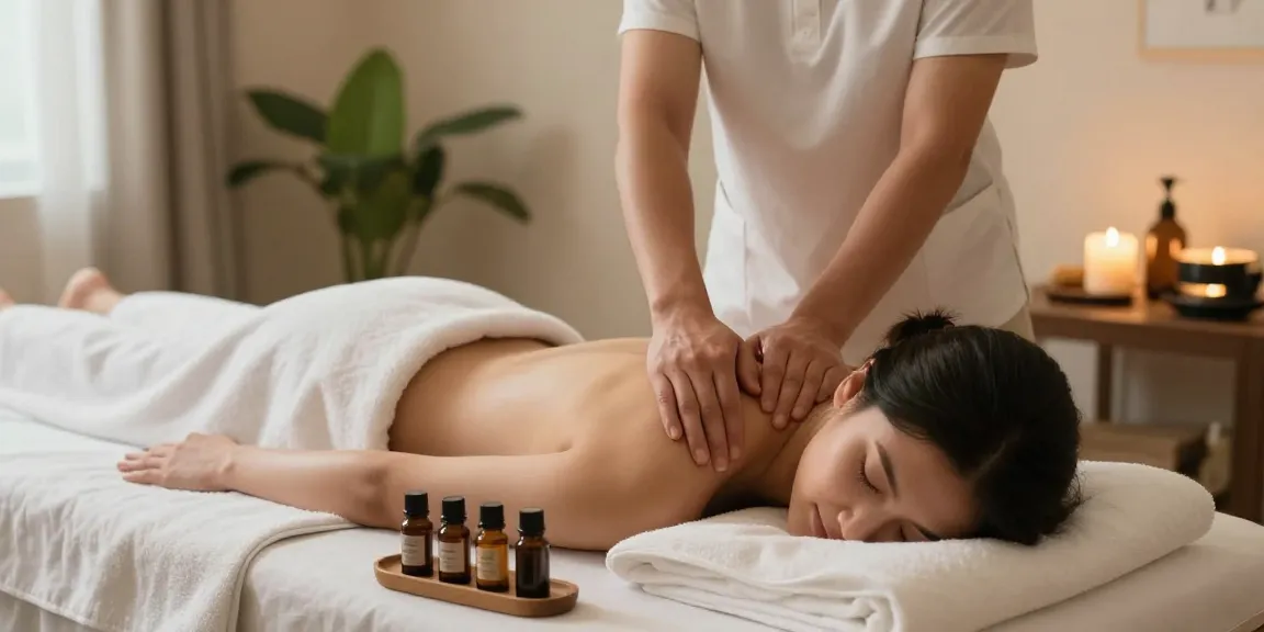 둔산동마사지로 편안한 스웨디시 마사지 받는 모습, 자연 친화적인 스파 환경에서 진정한 휴식을 느끼는 장면
