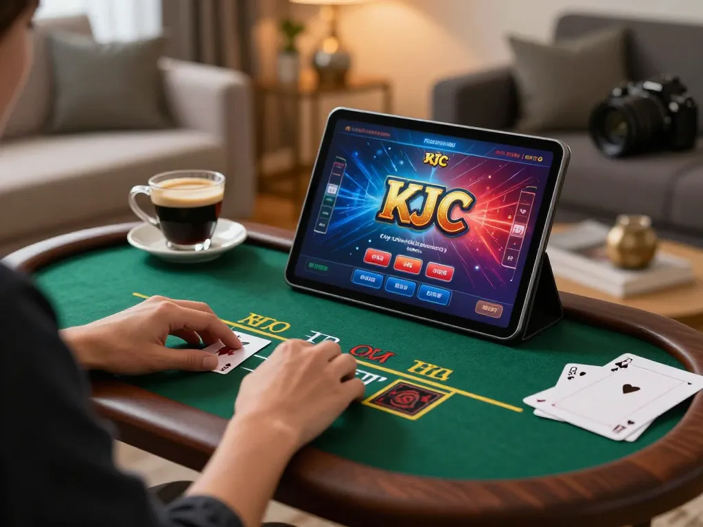 Player engaged in KJC live dealer blackjack game on tablet, showcasing exciting gameplay at home.